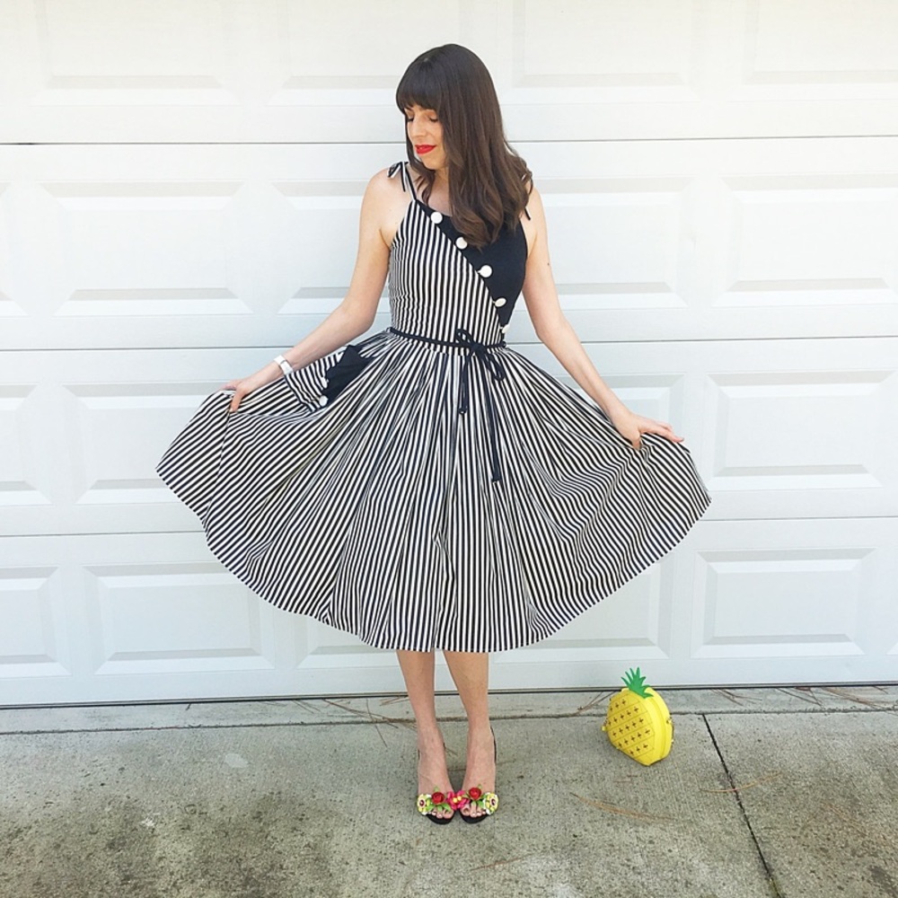 Unique Vintage Navy and White Striped Asymmetrical Dress